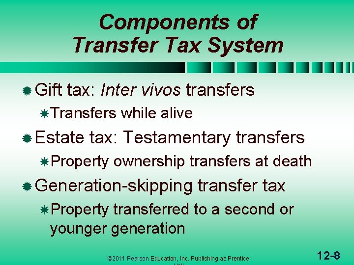 Components of Transfer Tax System ® Gift tax: Inter vivos transfers Transfers ® Estate