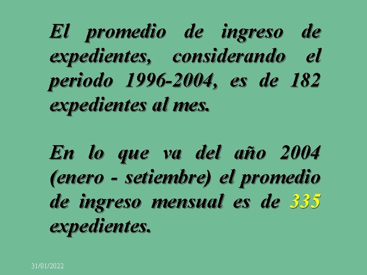 El promedio de ingreso de expedientes, considerando el periodo 1996 -2004, es de 182