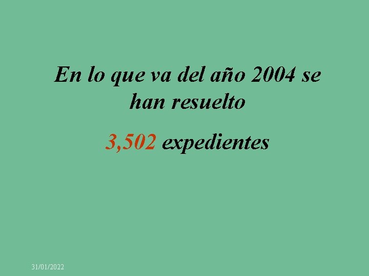 En lo que va del año 2004 se han resuelto 3, 502 expedientes 31/01/2022