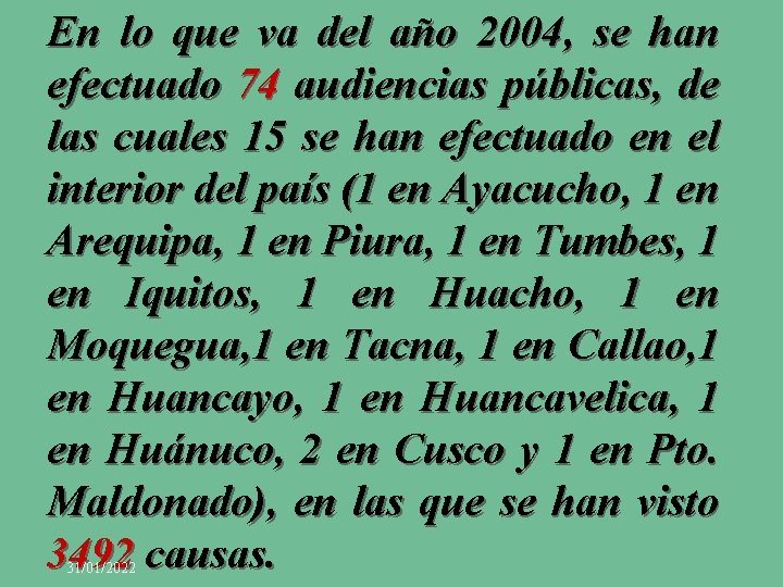 En lo que va del año 2004, se han efectuado 74 audiencias públicas, de