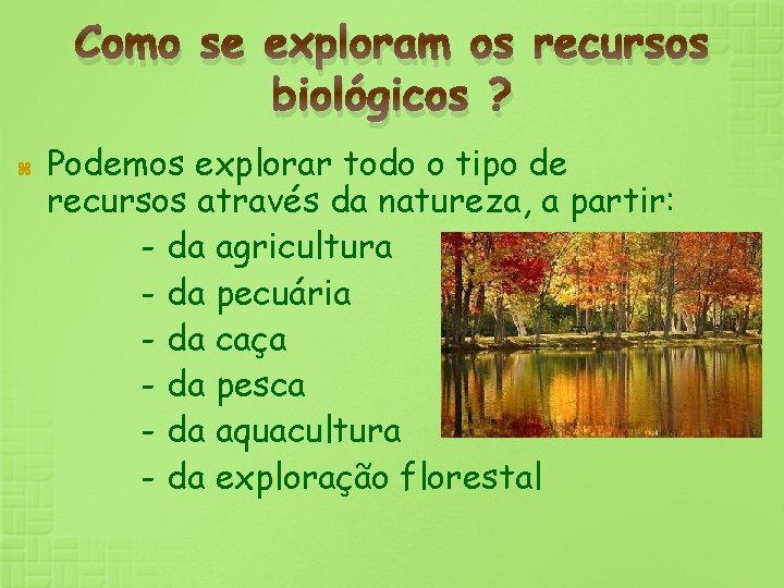 Como se exploram os recursos biológicos ? Podemos explorar todo o tipo de recursos