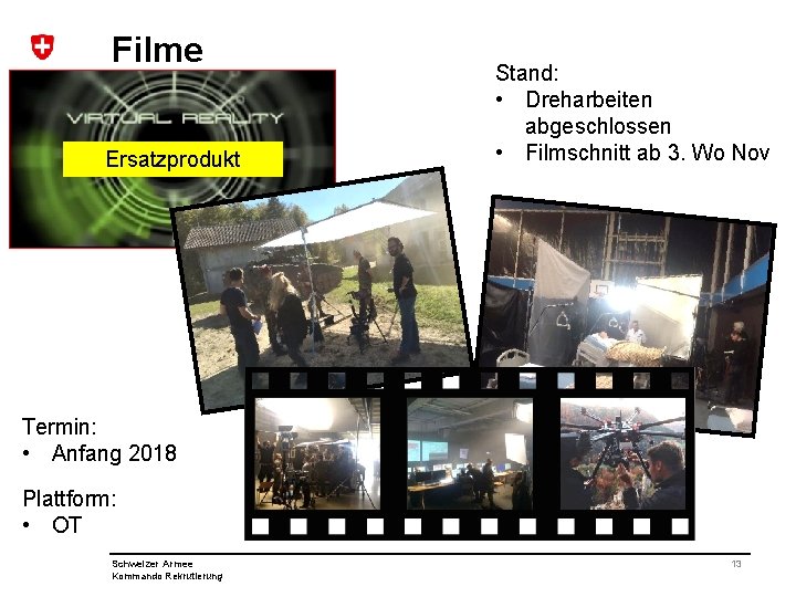 Filme Ersatzprodukt Stand: • Dreharbeiten abgeschlossen • Filmschnitt ab 3. Wo Nov Termin: •