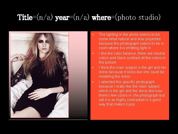 Title=(n/a) year=(n/a) where=(photo studio) • • The lighting in the photo seems to be