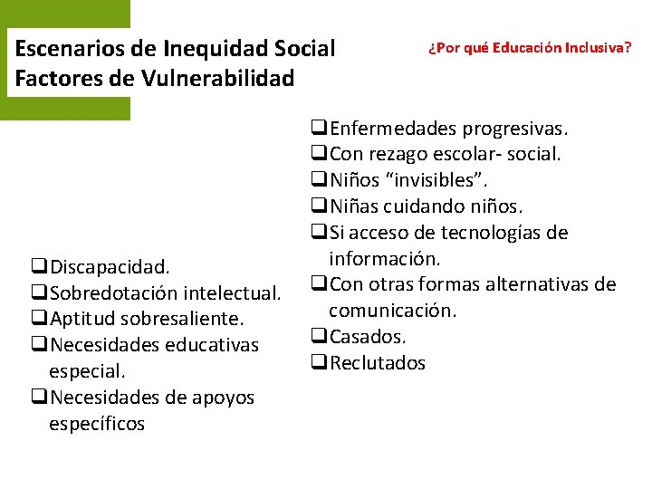 Escenarios de Inequidad Social Factores de Vulnerabilidad q. Discapacidad. q. Sobredotación intelectual. q. Aptitud