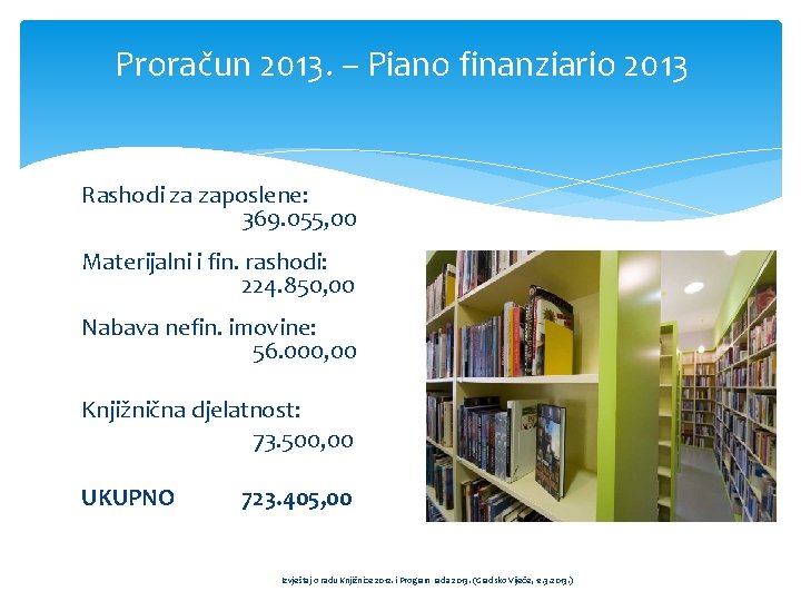 Proračun 2013. – Piano finanziario 2013 Rashodi za zaposlene: 369. 055, 00 Materijalni i