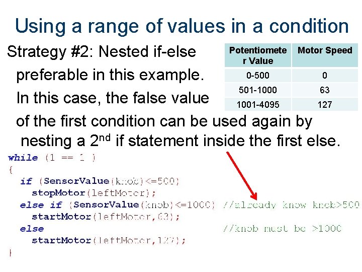 Using a range of values in a condition Potentiomete Motor Speed Strategy #2: Nested