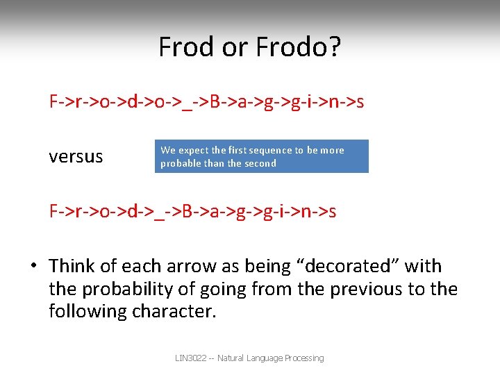 Frod or Frodo? F->r->o->d->o->_->B->a->g->g-i->n->s versus We expect the first sequence to be more probable