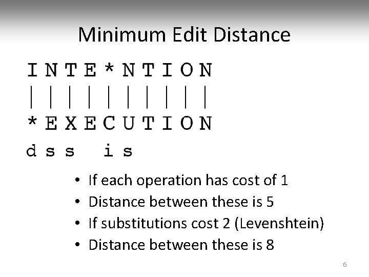 Minimum Edit Distance • • If each operation has cost of 1 Distance between