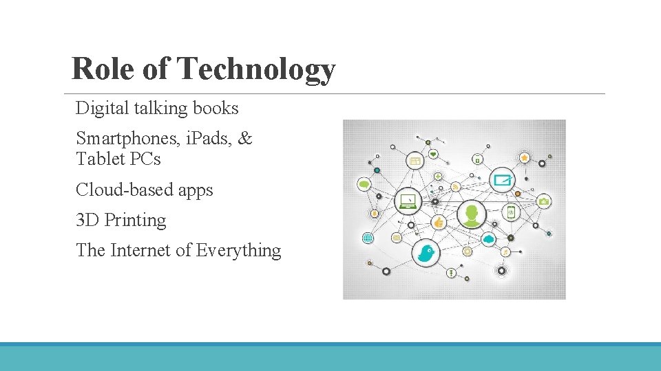 Role of Technology Digital talking books Smartphones, i. Pads, & Tablet PCs Cloud-based apps