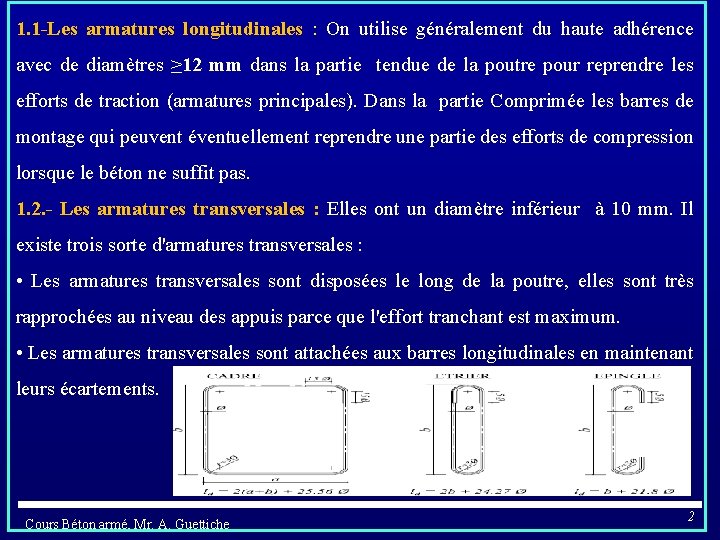 1. 1 -Les armatures longitudinales : On utilise généralement du haute adhérence avec de