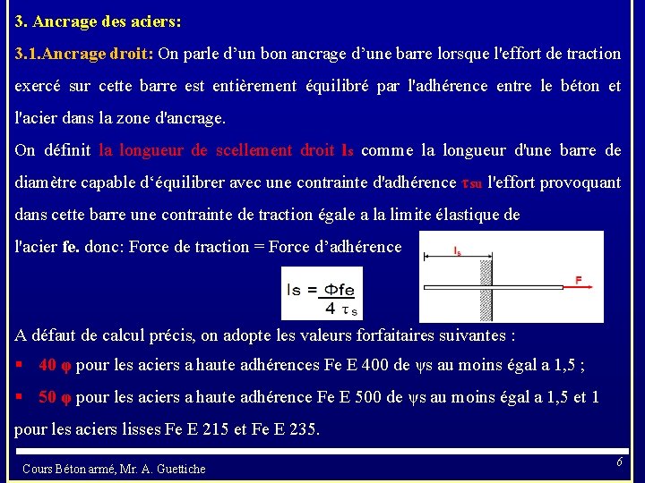 3. Ancrage des aciers: 3. 1. Ancrage droit: On parle d’un bon ancrage d’une