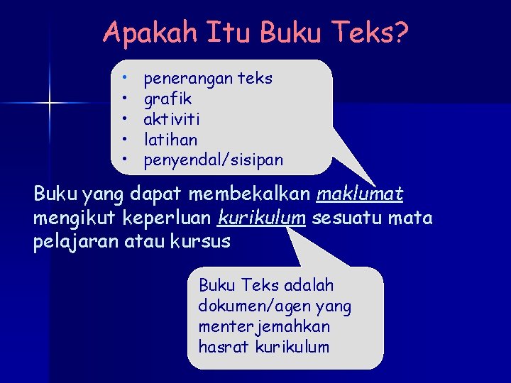 Apakah Itu Buku Teks? • • • penerangan teks grafik aktiviti latihan penyendal/sisipan Buku