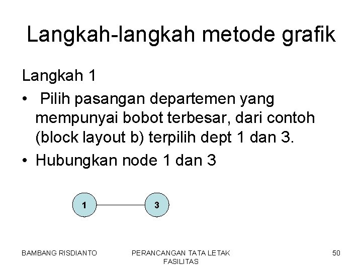 Langkah-langkah metode grafik Langkah 1 • Pilih pasangan departemen yang mempunyai bobot terbesar, dari