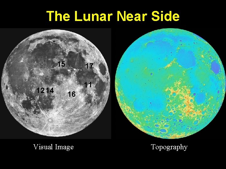 The Lunar Near Side 15 12 14 17 11 16 Visual Image Topography 