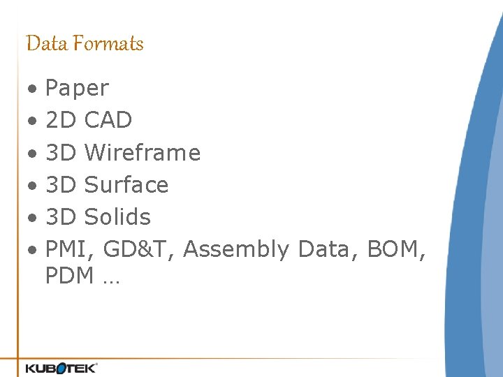 Data Formats • Paper • 2 D CAD • 3 D Wireframe • 3