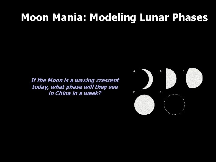 Moon Mania: Modeling Lunar Phases If the Moon is a waxing crescent today, what