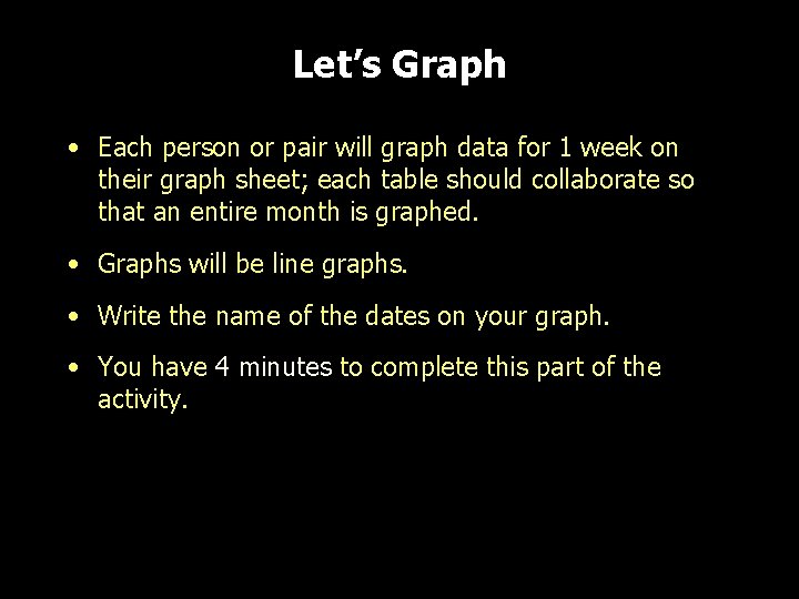 Let’s Graph • Each person or pair will graph data for 1 week on