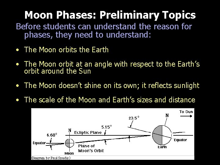 Moon Phases: Preliminary Topics Before students can understand the reason for phases, they need