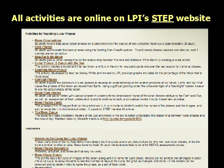 All activities are online on LPI’s STEP website 