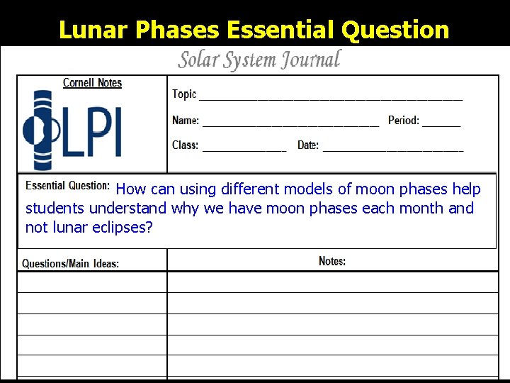 Lunar Phases Essential Question How can using different models of moon phases help students