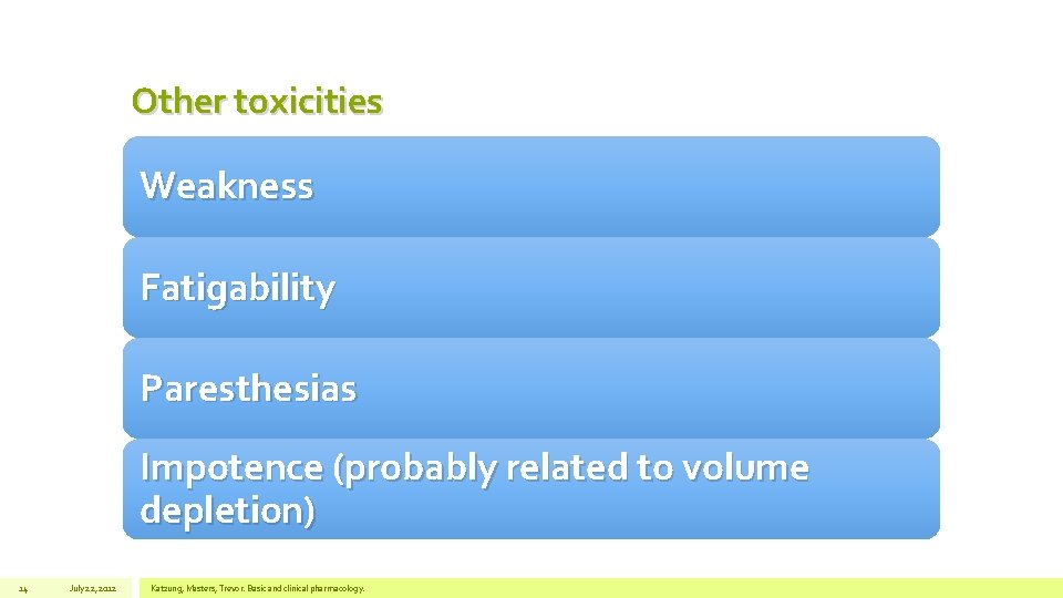 Other toxicities Weakness Fatigability Paresthesias Impotence (probably related to volume depletion) 14 July 22,