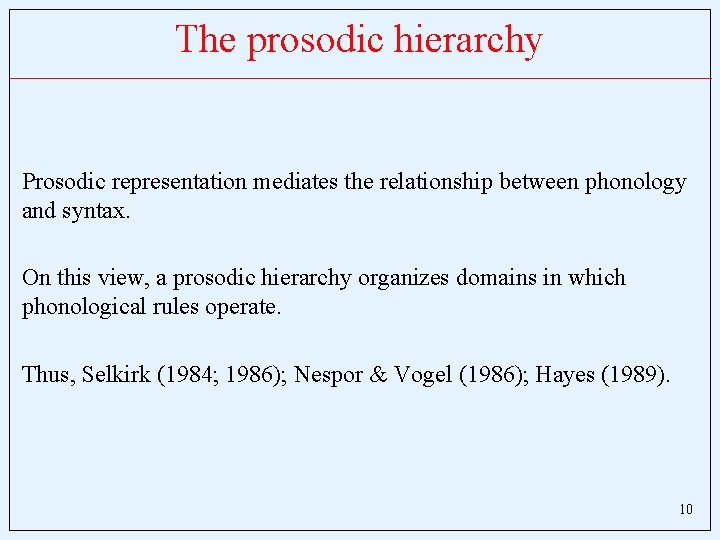 The prosodic hierarchy Prosodic representation mediates the relationship between phonology and syntax. On this
