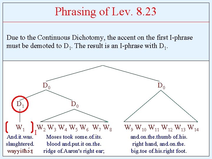 Phrasing of Lev. 8. 23 Due to the Continuous Dichotomy, the accent on the
