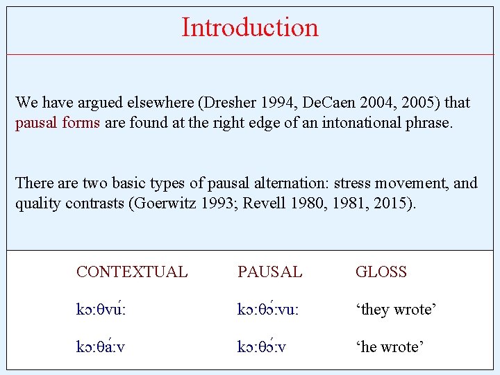 Introduction We have argued elsewhere (Dresher 1994, De. Caen 2004, 2005) that pausal forms