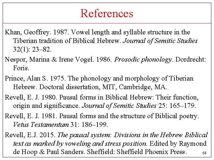 References Khan, Geoffrey. 1987. Vowel length and syllable structure in the Tiberian tradition of