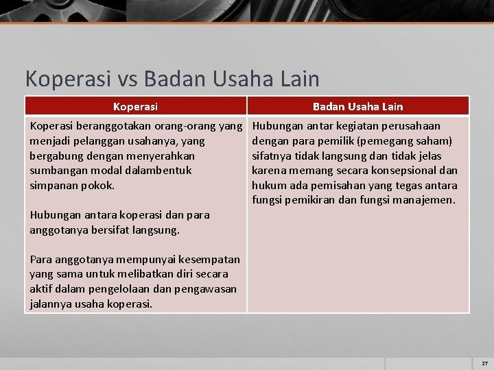 Koperasi vs Badan Usaha Lain Koperasi beranggotakan orang-orang yang menjadi pelanggan usahanya, yang bergabung