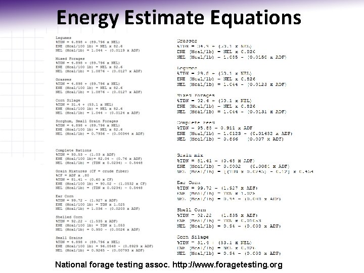 Energy Estimate Equations National forage testing assoc. http: //www. foragetesting. org 