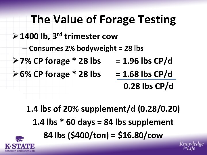 The Value of Forage Testing Ø 1400 lb, 3 rd trimester cow – Consumes