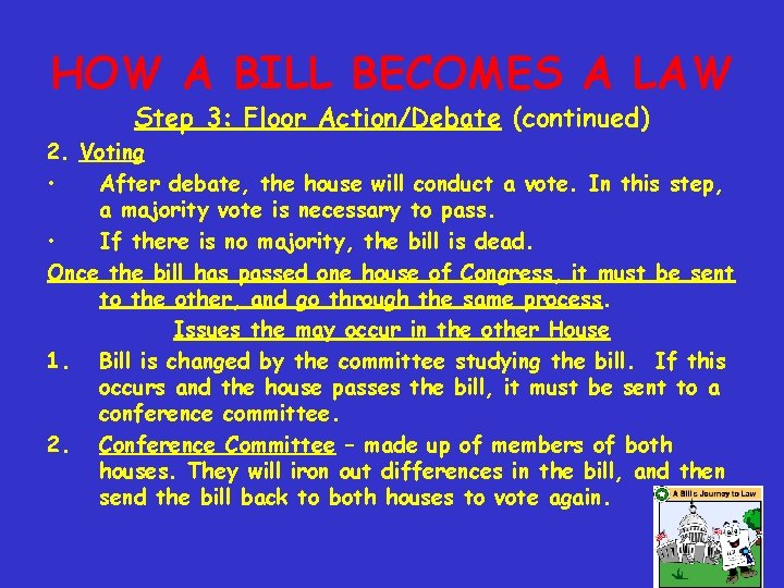HOW A BILL BECOMES A LAW Step 3: Floor Action/Debate (continued) 2. Voting •