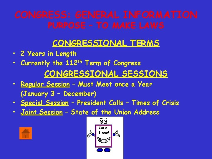 CONGRESS: GENERAL INFORMATION PURPOSE – TO MAKE LAWS CONGRESSIONAL TERMS • 2 Years in