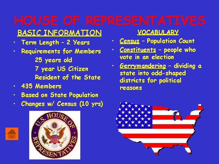 HOUSE OF REPRESENTATIVES BASIC INFORMATION • Term Length – 2 Years • Requirements for