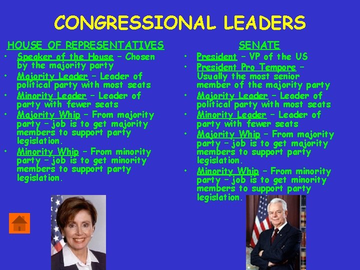 CONGRESSIONAL LEADERS HOUSE OF REPRESENTATIVES • • • Speaker of the House – Chosen