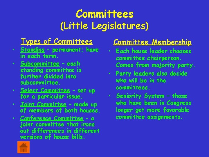 Committees (Little Legislatures) Types of Committees • Standing – permanent; have in each term.