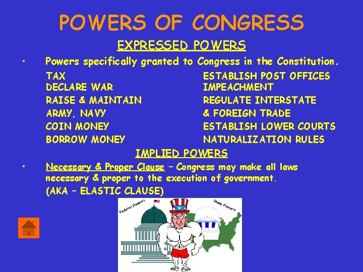 POWERS OF CONGRESS EXPRESSED POWERS • Powers specifically granted to Congress in the Constitution.