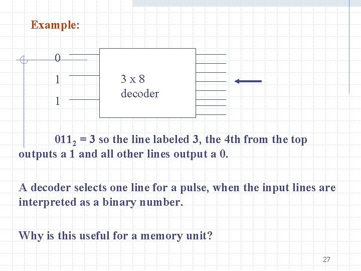 Example: 0 1 1 3 x 8 decoder 0112 = 3 so the line