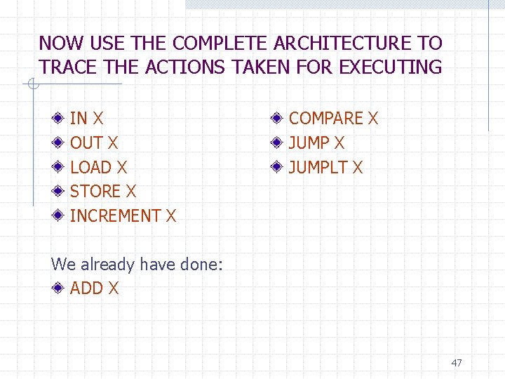 NOW USE THE COMPLETE ARCHITECTURE TO TRACE THE ACTIONS TAKEN FOR EXECUTING IN X