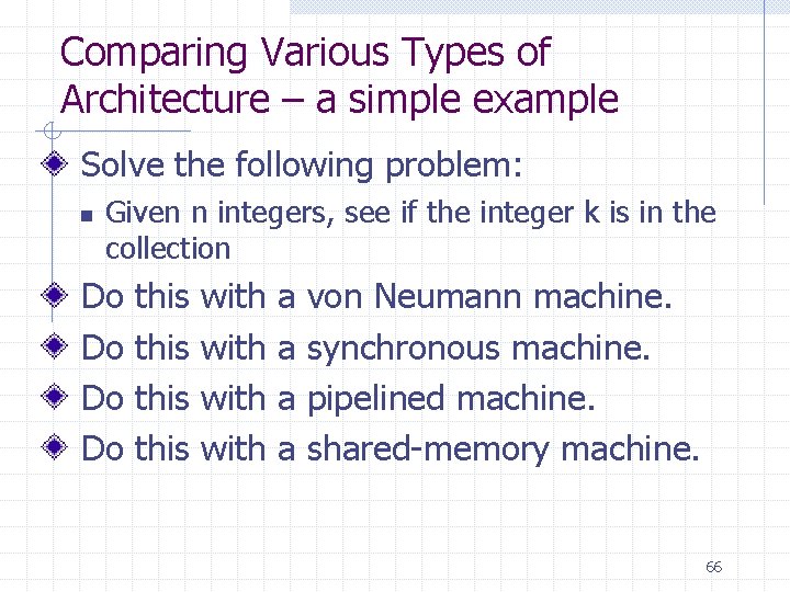 Comparing Various Types of Architecture – a simple example Solve the following problem: n