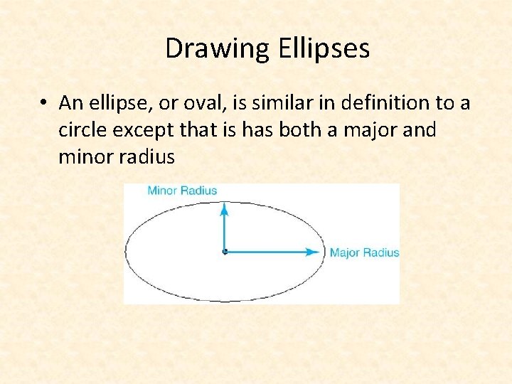 Drawing Ellipses • An ellipse, or oval, is similar in definition to a circle
