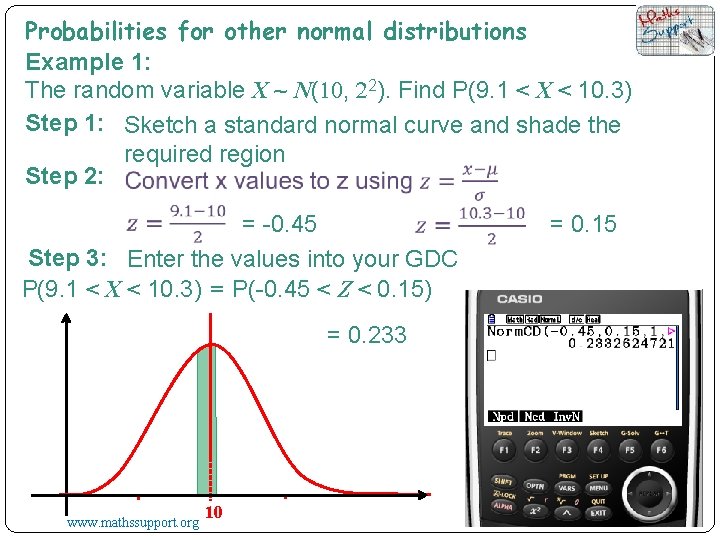 Probabilities for other normal distributions Example 1: The random variable X ~ N(10, 22).
