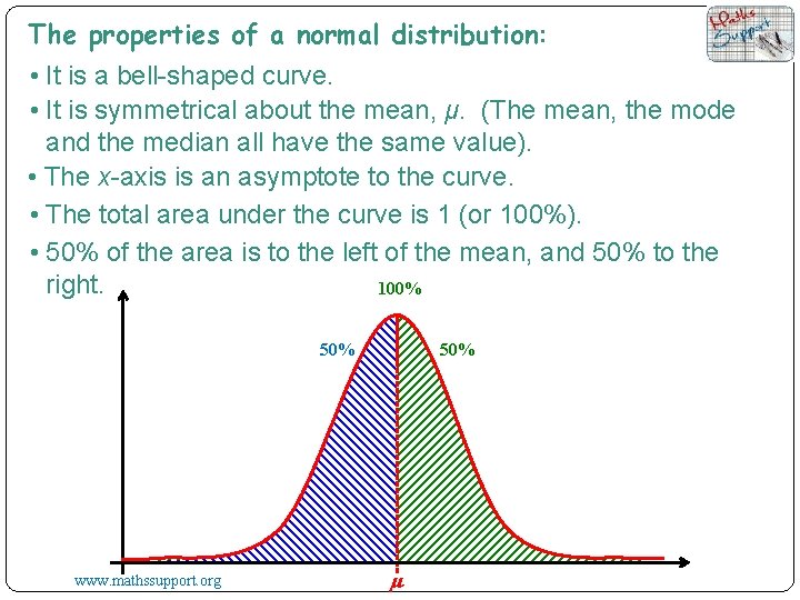 The properties of a normal distribution: • It is a bell-shaped curve. • It