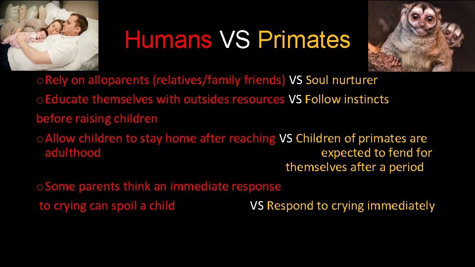 Humans VS Primates o Rely on alloparents (relatives/family friends) VS Soul nurturer o Educate