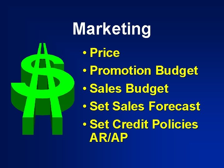 Marketing • Price • Promotion Budget • Sales Budget • Set Sales Forecast •