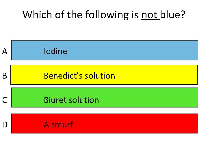 Which of the following is not blue? A Iodine B Benedict’s solution C Biuret