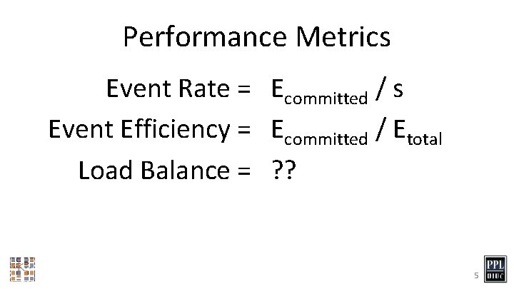 Performance Metrics Event Rate = Ecommitted / s Event Efficiency = Ecommitted / Etotal