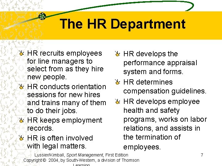 The HR Department HR recruits employees for line managers to select from as they