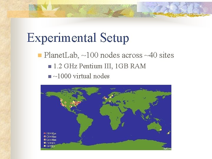 Experimental Setup n Planet. Lab, ~100 nodes across ~40 sites n 1. 2 GHz